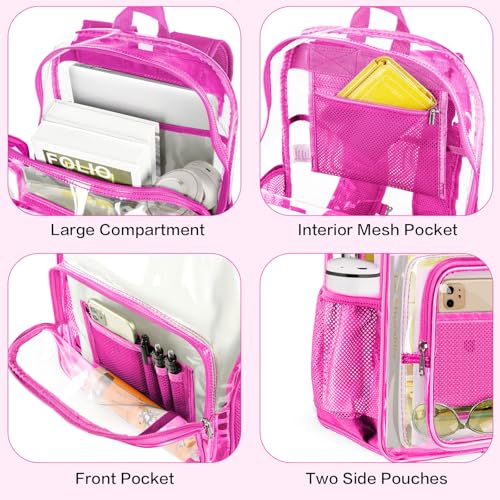 Clear Backpack Heavy Duty Large Transparent Backpack with Reinforced Bottom Multi-pockets for College, Travel, Workplace Security - Pink - color: Pink