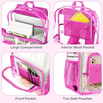 Clear Backpack Heavy Duty Large Transparent Backpack with Reinforced Bottom Multi-pockets for College, Travel, Workplace Security - Pink - color: Pink
