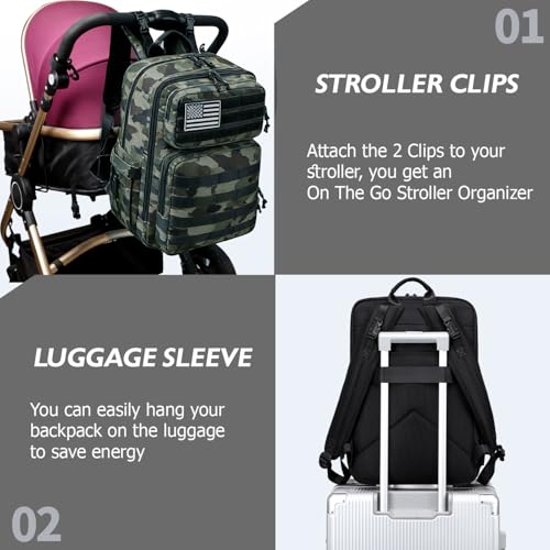 LORADI Large Dad Diaper Bag Backpack, Tactical Style, Camouflage | Stroller Clips, Luggage Sleeve for Travel, Insulated Pockets - color: Camo Black