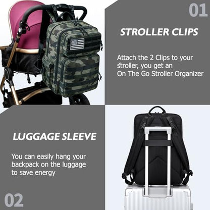 LORADI Large Dad Diaper Bag Backpack, Tactical Style, Camouflage | Stroller Clips, Luggage Sleeve for Travel, Insulated Pockets - color: Camo Black