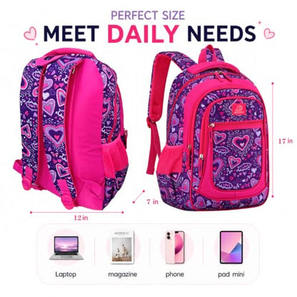MYGOO Girls School Backpack Vineyard Heart Purple Bookbag for Elementary Middle School Ages 5-12, 17 inch Large Capacity 24L Kids Student Travel Bags - color: Vineyard Heart Purple
