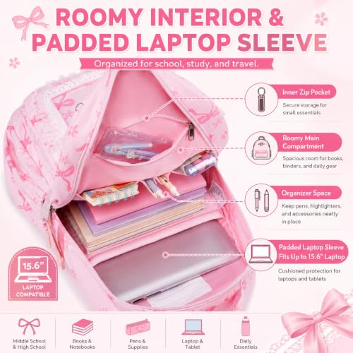 LEDAOU School Backpack for Teen Girls Elementary Middle School Bookbag Kids Backpacks Women Laptop Backpack Travel Daypack (Lace Clear Pocket - Bow Pink) - color: Lace Clear Pocket - Bow Pink