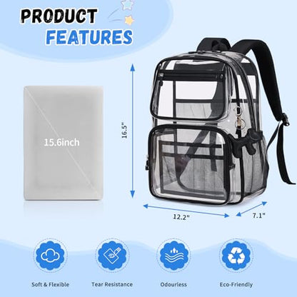 MOONBABY Clear Backpack for School Girls, Heavy Duty TPU Transparent Backpack Stadium Events Approved, Clear Bookbag - color: Black