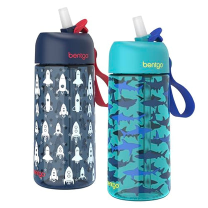 Bentgo Kids Water Bottle 2-Pack - Leak-Proof Durable Tritan BPA-Free 15 oz Cup for Kids/Toddlers Ages 3+; Bite & Sip Spout + Dishwasher Safe for School/Sports/Daycare/Camp (Rocket/Shark) - color: Rocket & Shark