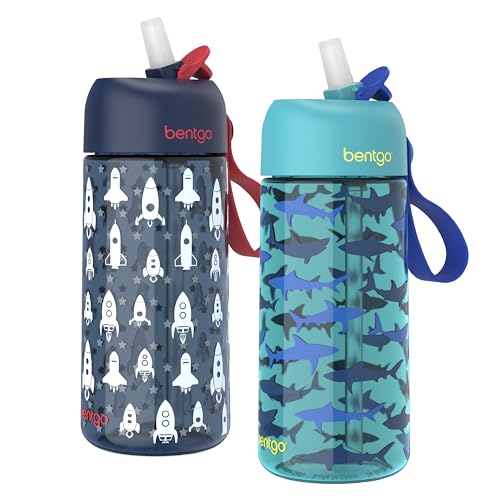 Bentgo Kids Water Bottle 2-Pack - Leak-Proof Durable Tritan BPA-Free 15 oz Cup for Kids/Toddlers Ages 3+; Bite & Sip Spout + Dishwasher Safe for School/Sports/Daycare/Camp (Rocket/Shark) - color: Rocket & Shark