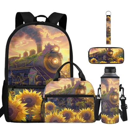 ZDCUSTOM Sunflower Train Backpack with Lunch Box for School, 17 Inch Bookbag Set for Kids School Backpack with Water Bottle Sleeves, Pencil Case Pouch, Keychain, Back to School Supplies - color: Sunflower Train