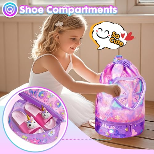 Drawstring Backpack for Kids Girls, Cute Cartoon Butterfly Waterproof Drawstring Bag String Swim Gym Sports Beach Bag with Shoes & Sunglasses Compartment and Wet Proof Pocket - color: J11. Butterfly