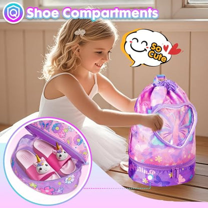 Drawstring Backpack for Kids Girls, Cute Cartoon Butterfly Waterproof Drawstring Bag String Swim Gym Sports Beach Bag with Shoes & Sunglasses Compartment and Wet Proof Pocket - color: J11. Butterfly