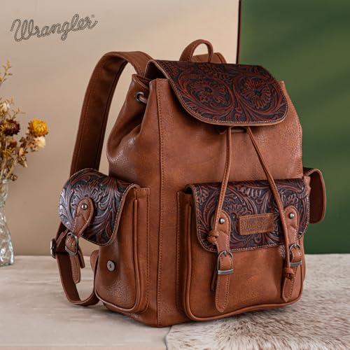 Montana West Wrangler Backpack Purse for Women Men Western Backpack Floral Tooled Travel Bags - color: Carve Brown