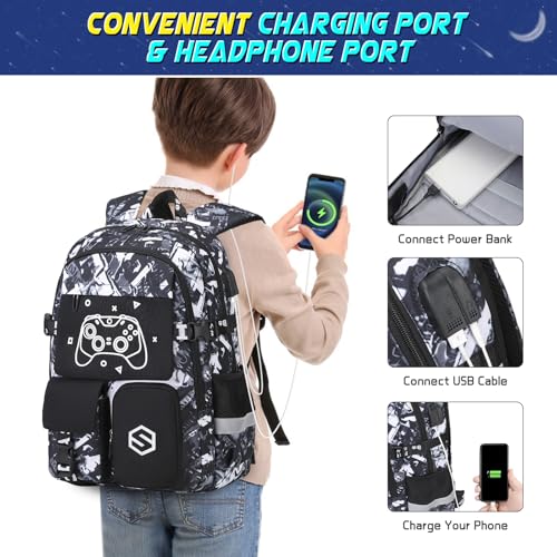 Scothen Boys Backpack, Cool Luminous School Backpack with Lunch Bag & Pencil Case, Kids Backpack for Kindergarten to Middle School, Black Graffiti, 25L, USB Charging Port - color: Black Graffiti