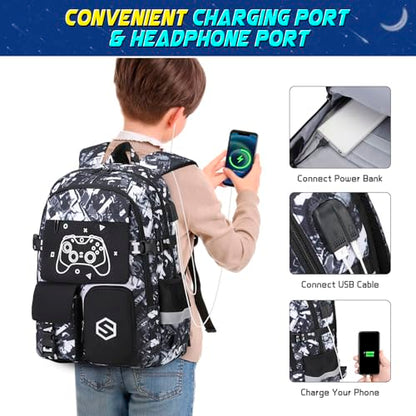 Scothen Boys Backpack, Cool Luminous School Backpack with Lunch Bag & Pencil Case, Kids Backpack for Kindergarten to Middle School, Black Graffiti, 25L, USB Charging Port - color: Black Graffiti