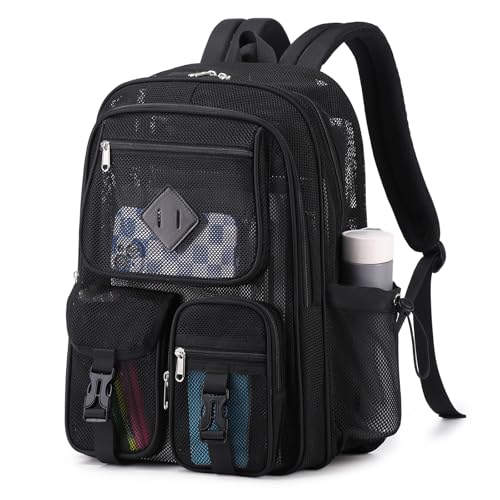 MOONBABY Mesh Backpack for School Heavy Duty See Through Net Bookbag Girls Boys Semi-Transparent Net Back Pack for Beach, Swimming, Sports, Work, Travel (Black) - color: Black