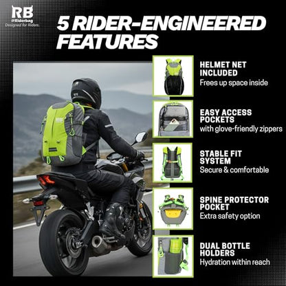riderbag Reflective Motorcycle Backpack, Hi Viz Commuter Riding Bag | Designed by Riders for Everyday Rides with Laptop Compartment and Helmet Net. Built to Help You Be Seen. - color: Green