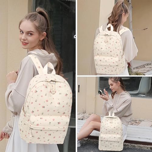 BTOOP School Backpacks for Teen Girls Bookbags Lightweight Kids Backpack School Bags Set with Lunch Box Pencil Case - color: Strawberry Beige
