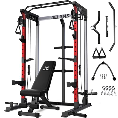 JELENS C21 Power Cage, 2000LBS Multi-Function Power Rack with Independent Dual Pulley System, All-in-One Squat Rack for Cable Crossover, Home Gym Workout Machine - color: Red, size: Weight Bench Package