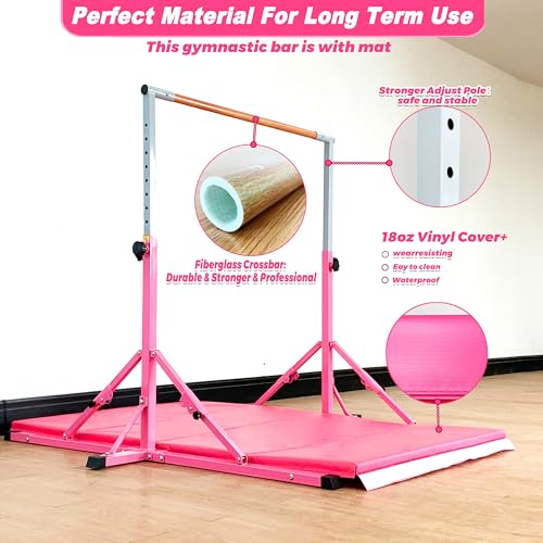 Marfula Gymnastic Bar For Kid and Teenage of 3-25, 5Ft/8 FT Base Length 4Ft Width 5Ft Adjust Height, Gymnastic Kip Bar For Gymnast, Gymnastic Training Equipment For Professional Training Home Club Use - color: Bar With Mat-Hot Pink(5 Ft Base)