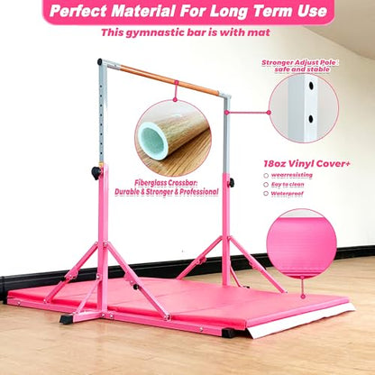 Marfula Gymnastic Bar For Kid and Teenage of 3-25, 5Ft/8 FT Base Length 4Ft Width 5Ft Adjust Height, Gymnastic Kip Bar For Gymnast, Gymnastic Training Equipment For Professional Training Home Club Use - color: Bar With Mat-Hot Pink(5 Ft Base)