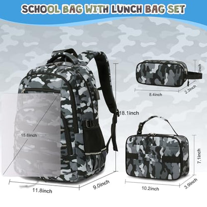ACESAK Camo Backpack for Boys, Tactical Kids Backpack Boys, School Bags for Boy Children Teens Kids Elementary Middle High School, Military Bookbag and Lunch Bag Pencil Case Set with USB Charging Port - color: Gray Black