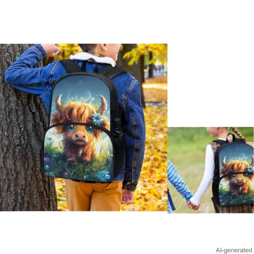 Cute Highland Cow Backpack for Girls Kids Backpack with Lunch Box Water Bottle Holder and Soft Pencil Case 4Pcs Set 17" Bookbag with Large Front Pocket for School Sturdy Elementary School Bag - color: Cute Highland Cow-2