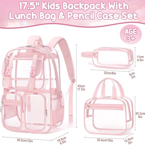 Fimibuke Clear Backpack for Girls - 3 PCS Heavy Duty Kids Clear Bags Schoolbag Large Transparent PVC Bookbag with Lunch Box Pencil Case Set for Travel School Concert Stadium Events Backpacks - color: light pink
