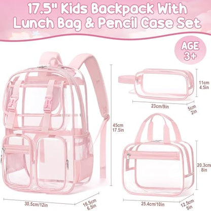 Fimibuke Clear Backpack for Girls - 3 PCS Heavy Duty Kids Clear Bags Schoolbag Large Transparent PVC Bookbag with Lunch Box Pencil Case Set for Travel School Concert Stadium Events Backpacks - color: light pink
