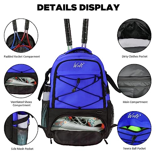 WOLT Tennis Bag - Large Tennis Racket Backpack for Men & Women - Ventilated Shoe Compartment - Holds 2 Rackets - color: Blue