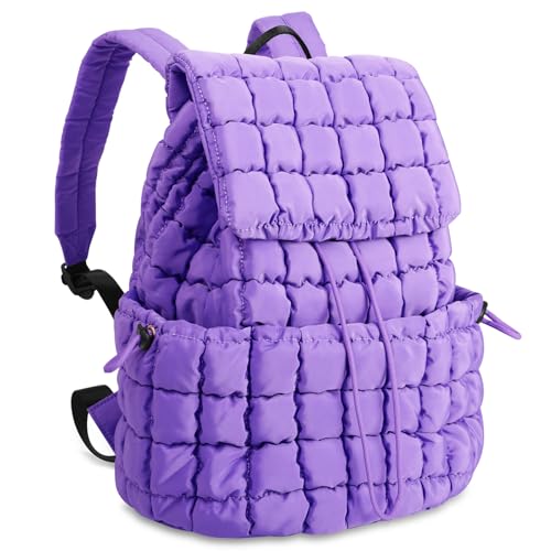 IzuztA Quilted Puffer Backpack for Women, Lightweight Soft Nylon Quilted Hiker Pack Top Flap Drawstring Backpack, Trendy Puffy Padding Gym Travel Bag for Casual Daypack Hiking Sport (Purple) - color: Purple