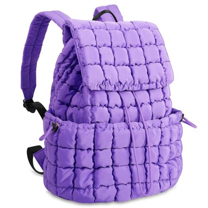 IzuztA Quilted Puffer Backpack for Women, Lightweight Soft Nylon Quilted Hiker Pack Top Flap Drawstring Backpack, Trendy Puffy Padding Gym Travel Bag for Casual Daypack Hiking Sport (Purple) - color: Purple