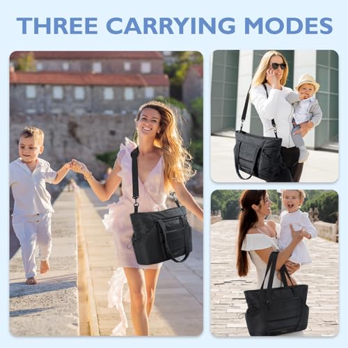 mommore Diaper Bag Tote with Stroller Organizer Puffer Bag Large Capacity Baby Bag with Changing Pad for Travel, Hospital - color: Black