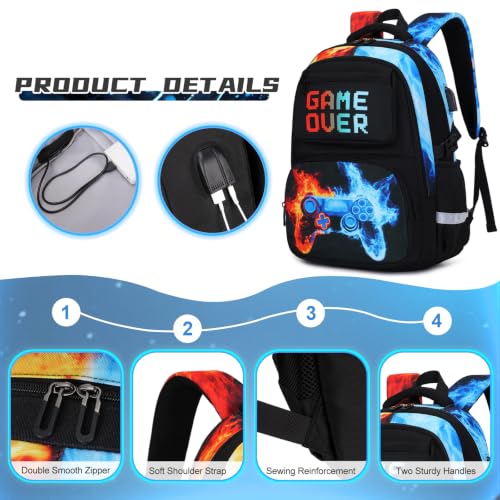 Scothen 3PCS Boys Backpack Set, Cool Backpack for Boys with Lunch Bag & Pencil Case, Kids School Bag Teen Boy Bookbag for Kindergarten Elementary Middle School with USB Charging Port - color: Red & Blue Flame