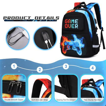 Scothen 3PCS Boys Backpack Set, Cool Backpack for Boys with Lunch Bag & Pencil Case, Kids School Bag Teen Boy Bookbag for Kindergarten Elementary Middle School with USB Charging Port - color: Red & Blue Flame