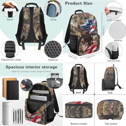 3 in 1 School Backpack, 3PCS Branches American Flag Eagle Kids Bookbag Set Large Capacity 17 Inch Student Backpack with Lunch Box and Pencil Case - color: Branches American Flag Eagle