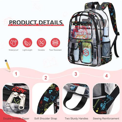 DIGOBAY 3PCS Cool Luminous Clear Backpack for Boys Kids, Gamer Clear Bookbag for School, See Through PVC Transparent Backpacks with Lunch Bag Pencil Case, Backpack Heavy Duty for School Stadium - color: Red