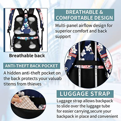HILUSEN Lunch Cooler Backpack for Women, Extra Large 17 inch Travel Laptop Backpack with USB Charging Port, Water Resistant - color: Blue Pink