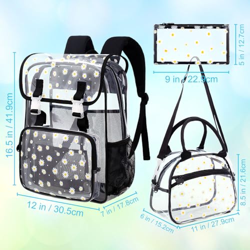 3PCS Clear Backpack, Heavy Duty Transparent Bookbag for Girls Women, Stadium Approved See Through Backpack with Lunch Box (Black Daisy) - color: Black Daisy