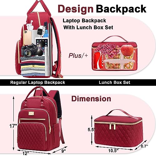Weitars Lunch Backpack for Women,15.6 Inch Laptop Backpacks Travel Backpack for Women,Work Back pack,Teacher Nurse Back pack Insulated Lunchbox Backpacks - color: Wine Red