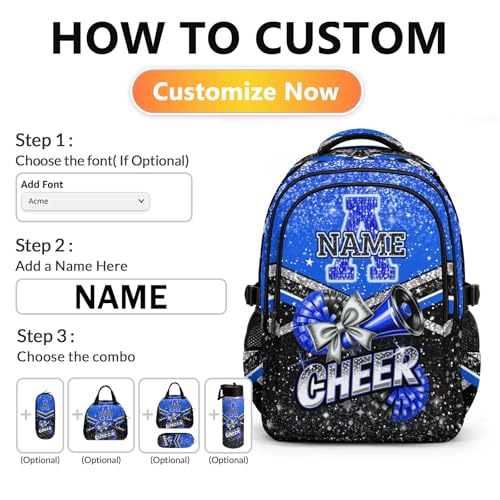 Custom Cheer Backpacks for Cheerleaders, Personalized Cheerleading Backpack for Elementary School Camp - color: Blue