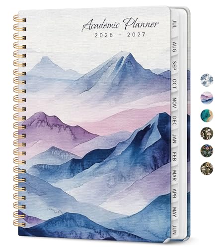 Planner 2026-2027, Academic Monthly and Weekly Calendar Planner for Women, July 2026 - June 2027, Hardcover Pretty Agenda Planner Book with Tabs, Spiral Daily Organizer for School Office Home Supplies, 6.3" x 8.5" - Distant Peaks - color: F-Distant Peaks,