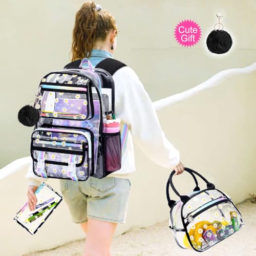 KLFVB See Through Backpack Heavy Duty, 3PCS Girls Clear School Bag Set, Cute Transparent Bookbag for Women - Chrysanthemum Black - color: Chrysanthemum Black Clear Backpack