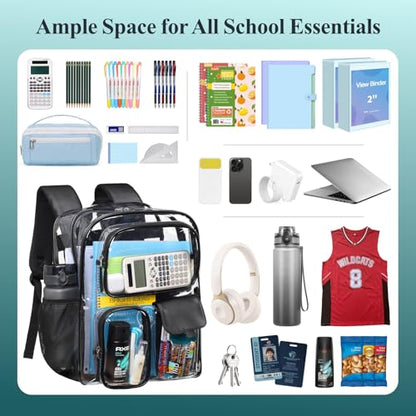 PACKISM Clear Backpack for School - 17 inch Large Heavy Duty Bookbag, Reinforced See Through PVC Transparent Backpack - color: Pu Straps Black 3 Pockets, style: Daypack Backpacks