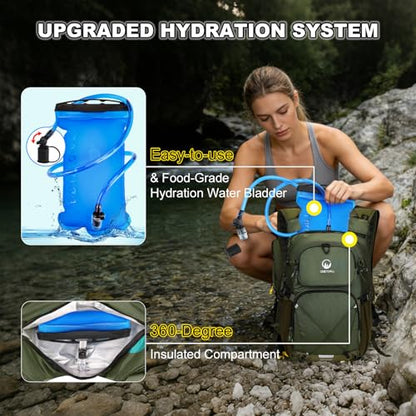Hydration Backpack 22L, Hiking Backpack with 2L Leakproof Bladder, Sewn-in Rain Cover, Insulated Compartment for Men & Women Running, Cycling, Camping - color: Green