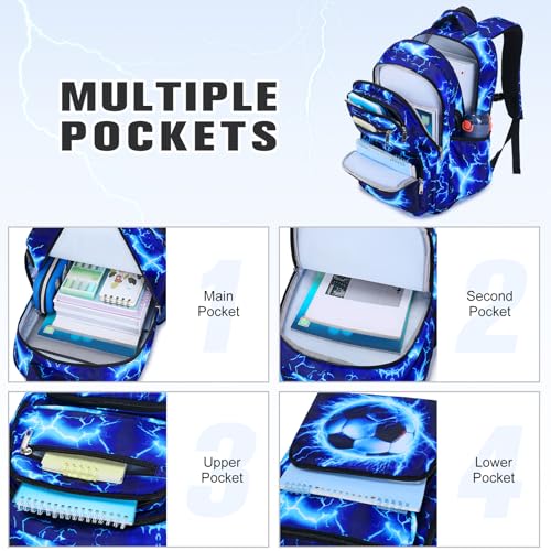 Bevalsa Backpack for Boys, Lightning School Bags with Lunch Bag & Pen Case for Kids, Bookbag for Boys Teens Elementary Middle High School - color: Blue Football