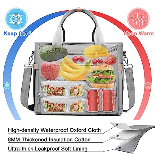 AIJIEKE Large Insulated Lunch Bag for Men Women, Leakproof Work Lunch Box | Keeps food fresh 8-12 hours. Spacious multi-pocket design with a removable strap. Water-resistant and easy-wipe interior - color: Gray