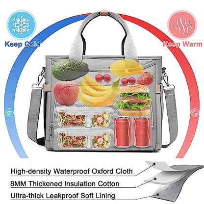 AIJIEKE Large Insulated Lunch Bag for Men Women, Leakproof Work Lunch Box | Keeps food fresh 8-12 hours. Spacious multi-pocket design with a removable strap. Water-resistant and easy-wipe interior - color: Gray
