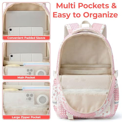 Quilted Backpack for Teen Girls,Cute Pink Patchwork School Backpack with Multi-Pocket Design,Lightweight Cotton Bookbag Fits 15.6" Laptop,Large Capacity Aesthetic Backpack with Plush Charm - color: Pink Patchwork