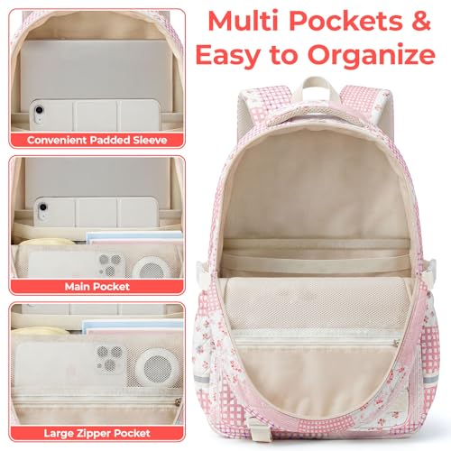 Quilted Backpack for Teen Girls,Cute Pink Patchwork School Backpack with Multi-Pocket Design,Lightweight Cotton Bookbag Fits 15.6" Laptop,Large Capacity Aesthetic Backpack with Plush Charm - color: Pink Patchwork