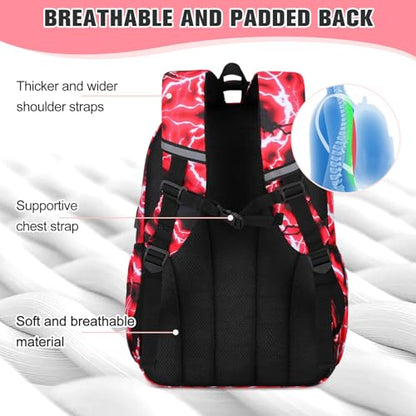 Bevalsa Backpack for Boys, Lightning School Bags with Lunch Bag & Pen Case for Kids, Bookbag for Boys Teens Elementary Middle High School - color: Red