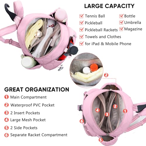 Quilted Tennis Bag for Women – Tennis Backpack & Crossbody Sling | Holds 2 Rackets or 3 Pickleball Paddles | Lightweight Badminton Racket Bag, Tennis Tote & Sports Backpack - color: Pink