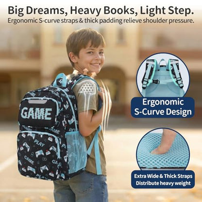 Kids Backpack for Boys - 17 Inch Insulated School Bag Ages 8-10 | Elementary Backpack for Grades 3-5, Fits Binder Laptop, Insulated Pocket, Reflective Strips, S-Curve Straps, Black Game - color: Black Game