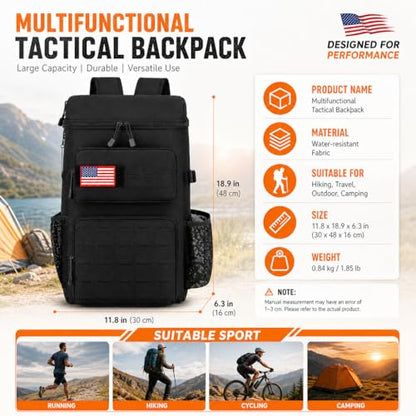 25L Extra Large Tactical Cooler Backpack, Soft Lightweight Insulated Lunch Box for Men, 38 Can Leakproof Cooler Bag Keeps Hot Cold up to 20H for Camping, Hiking, Beach, Work, Black